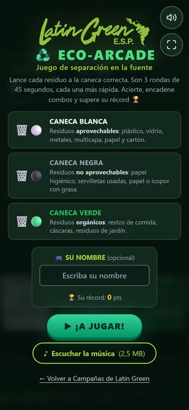 Pantalla de inicio de Eco-Arcade en un celular: las tarjetas de la caneca blanca, la negra y la verde, el campo para escribir el nombre y el botón «¡A jugar!»